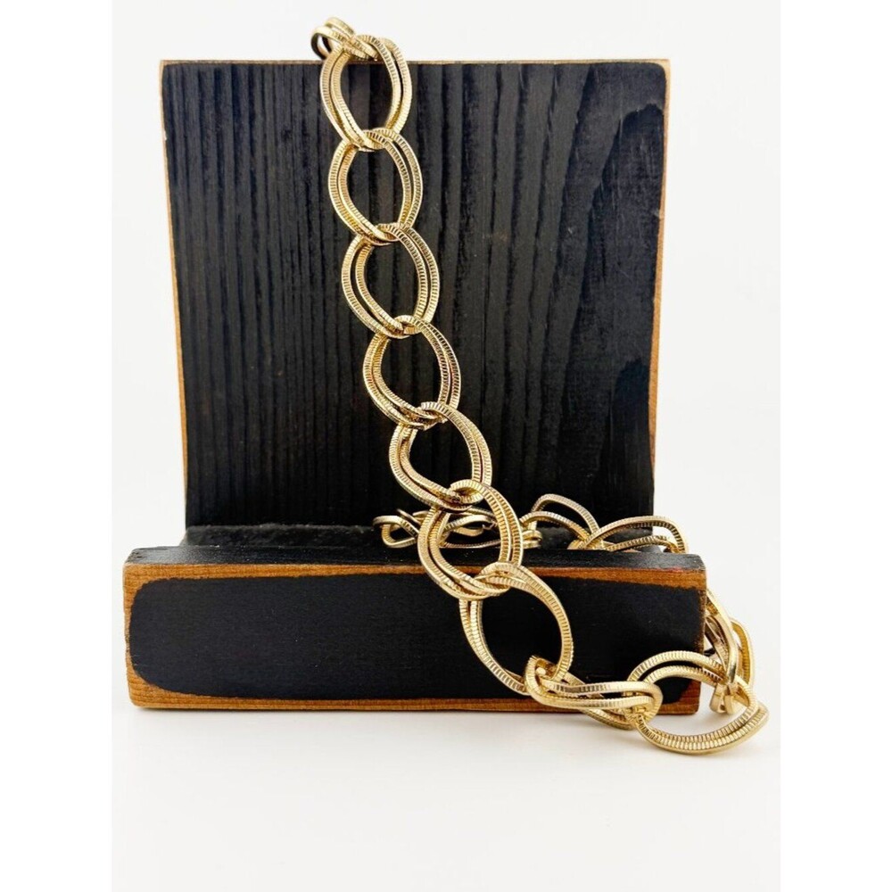 80s Chunky Gold Textured Double Link Statement Necklace - Vintage